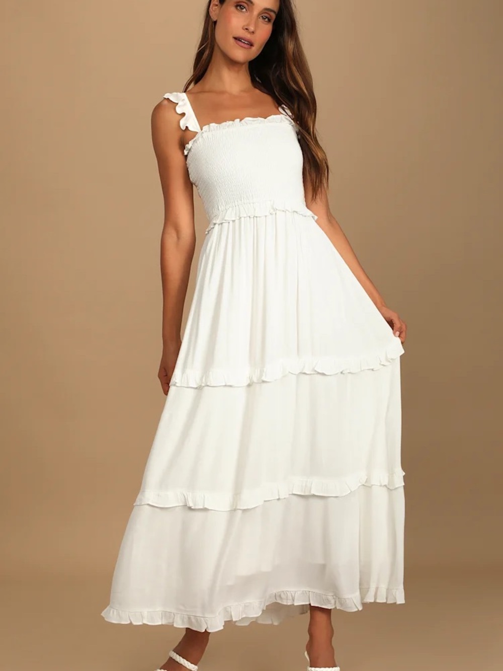 Lulu's Fun Afternoon White Smocked Tiered Maxi Dress Size XL